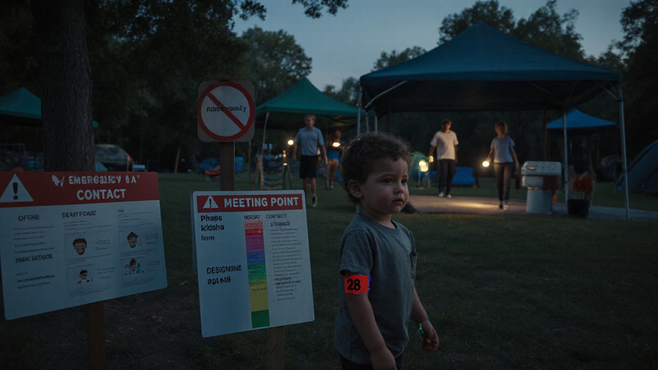 A child wearing a numbered wristband beside an emergency contact board at a family campsite with staff on patrol.