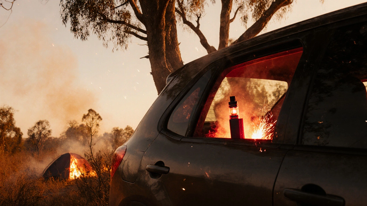 A overheating vape battery inside a car, sparks rising near dry forest underbrush.