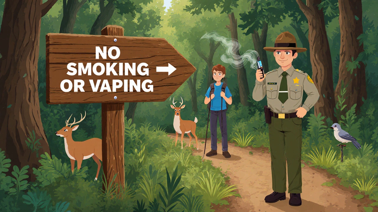 A ranger pointing to a 'No Smoking or Vaping' sign beside a forest trail.