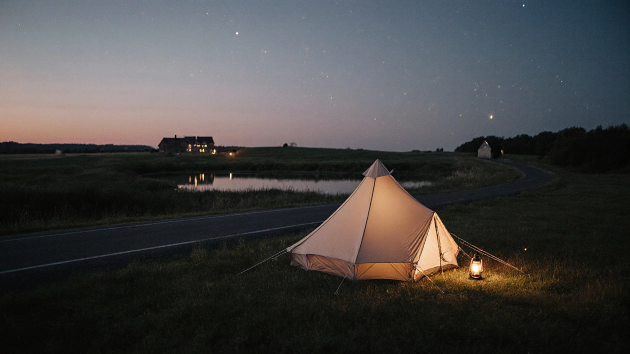 Aerial view of a tent pitched 36 m away from road, lake, and house at sunset.