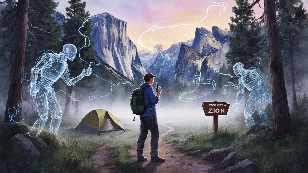 Camper at dawn surrounded by ghostly digital bots in a misty forest near Yosemite.