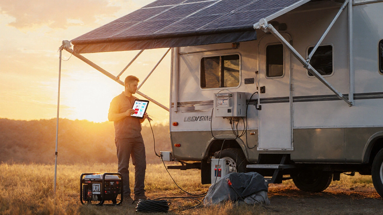 Camper checking a GFCI outlet, using a load calculator tablet beside solar panels and a generator.