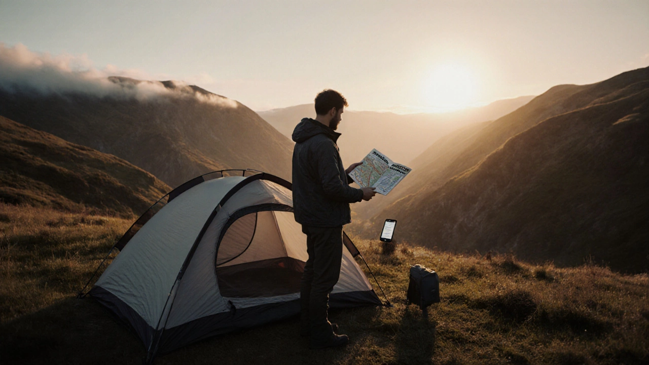 Camper holding a guidebook and phone at sunrise near a tent in a national park.