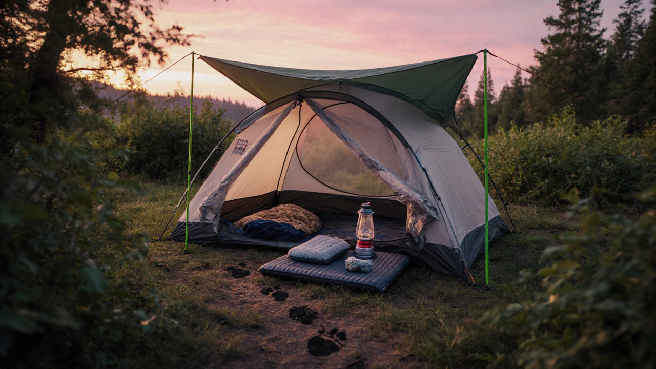 Campsite sunrise showing footprint, tarp, bug net, and insulated pad.