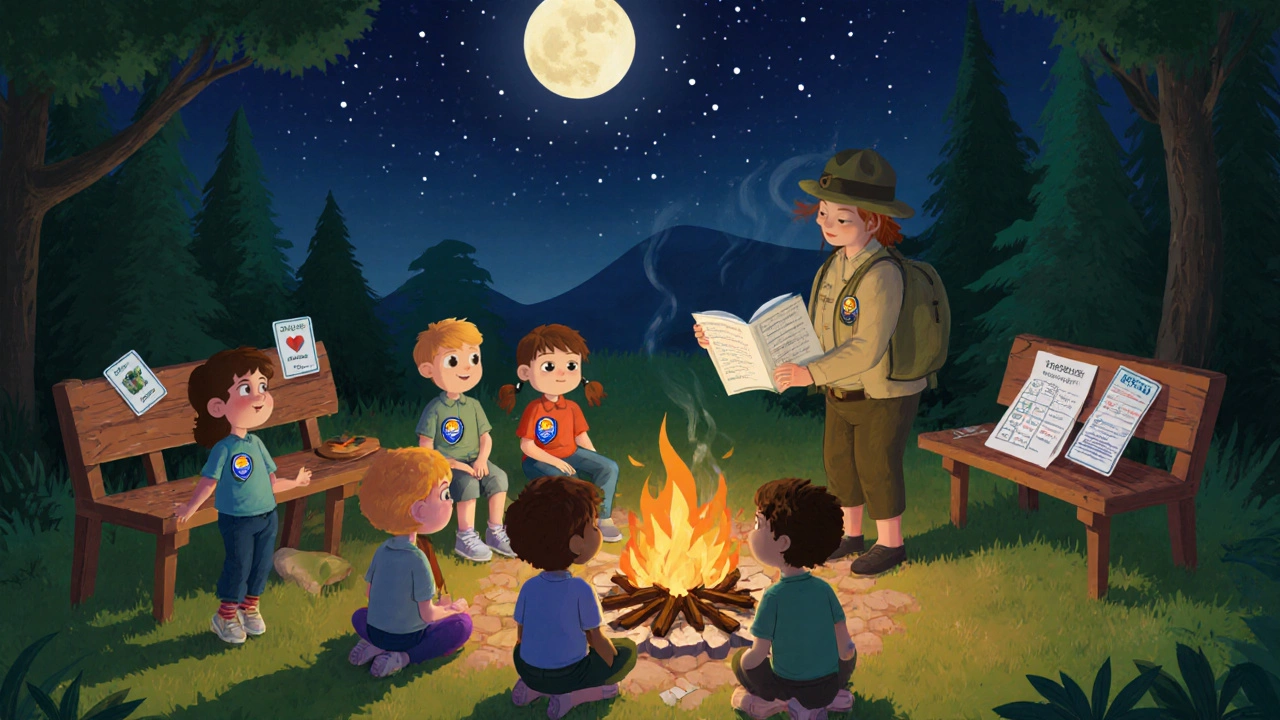 Children gathered around a campfire listening to a story, with older kids playing trivia nearby under the stars.