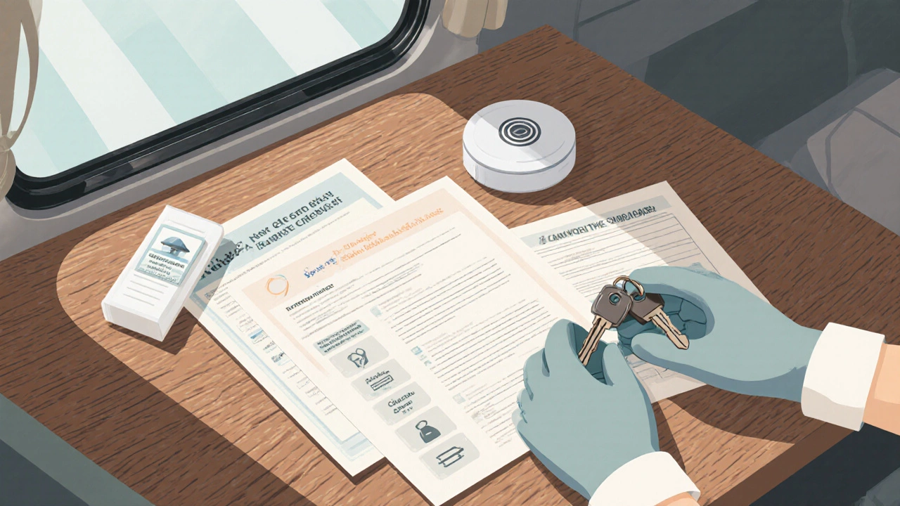 Close‑up of safety documents and keys on a table beside a campervan.