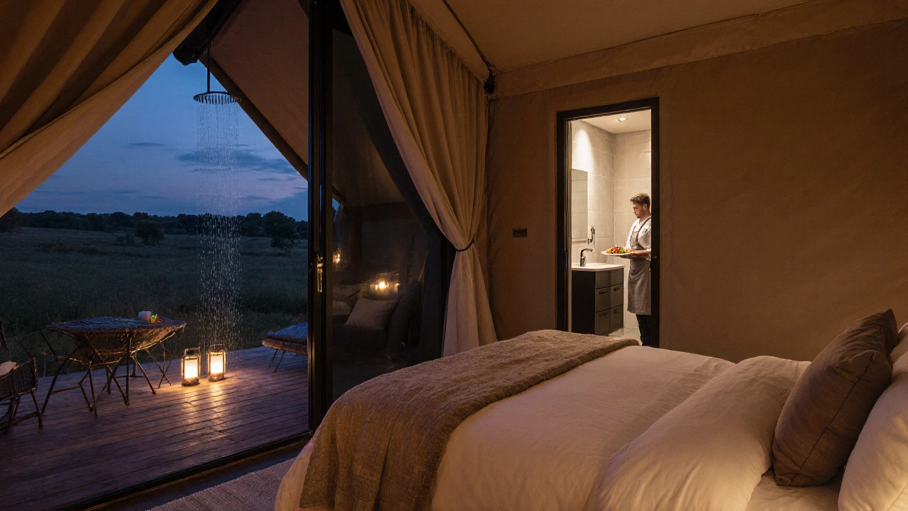 Cozy glamping interior with bed, bathroom, and chef preparing food.