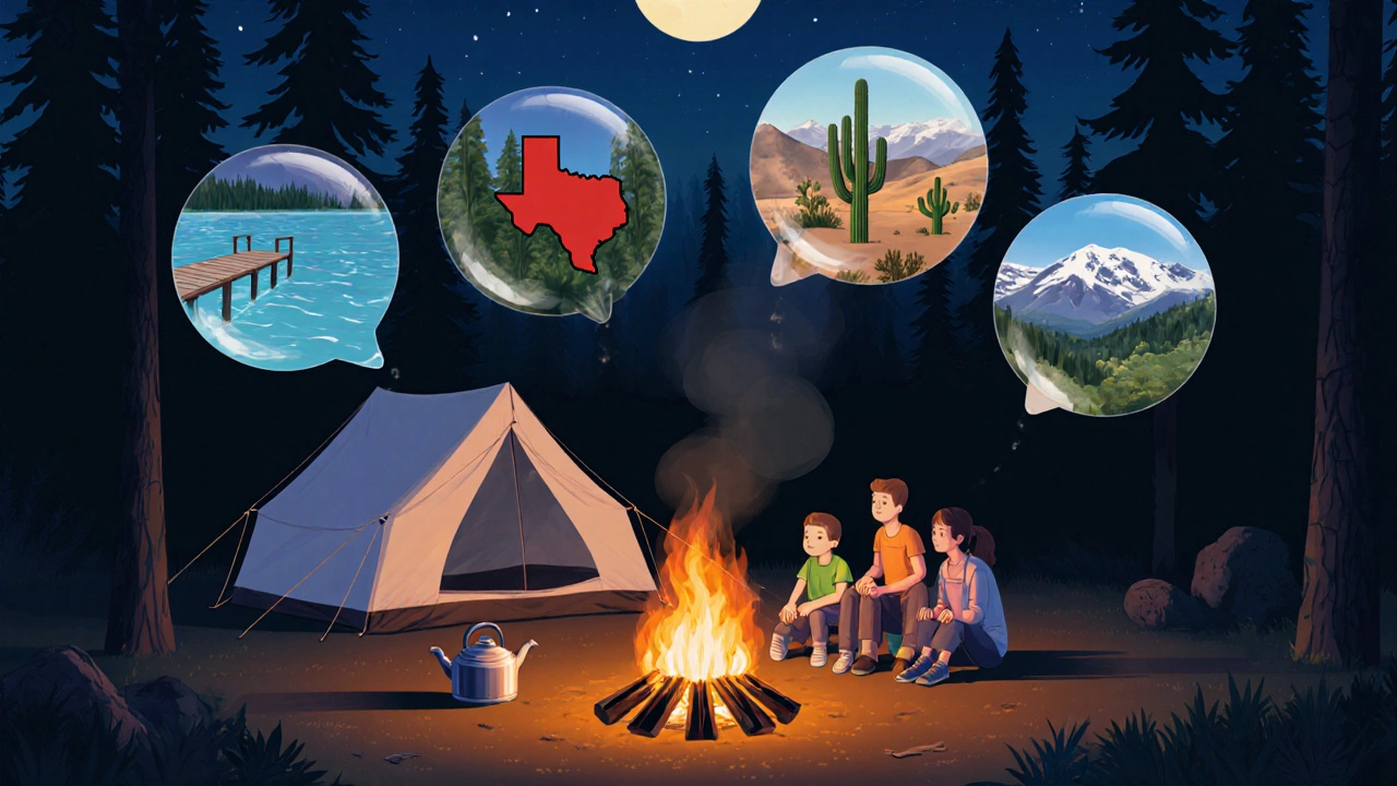 Family around a campfire at night with floating thought bubbles showing lake, redwood, desert, mountains, and rainforest.