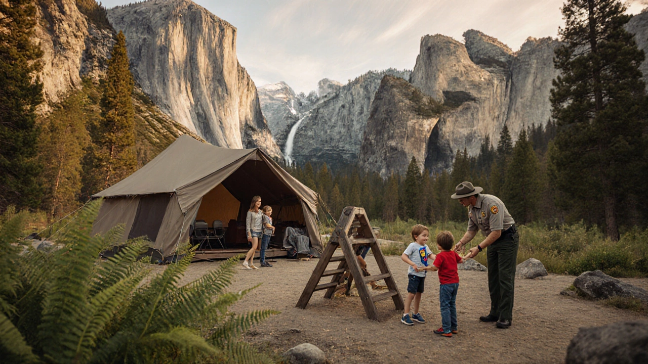 Family camping at Yosemite with a tent, children playing, and a ranger giving Junior Ranger badges.