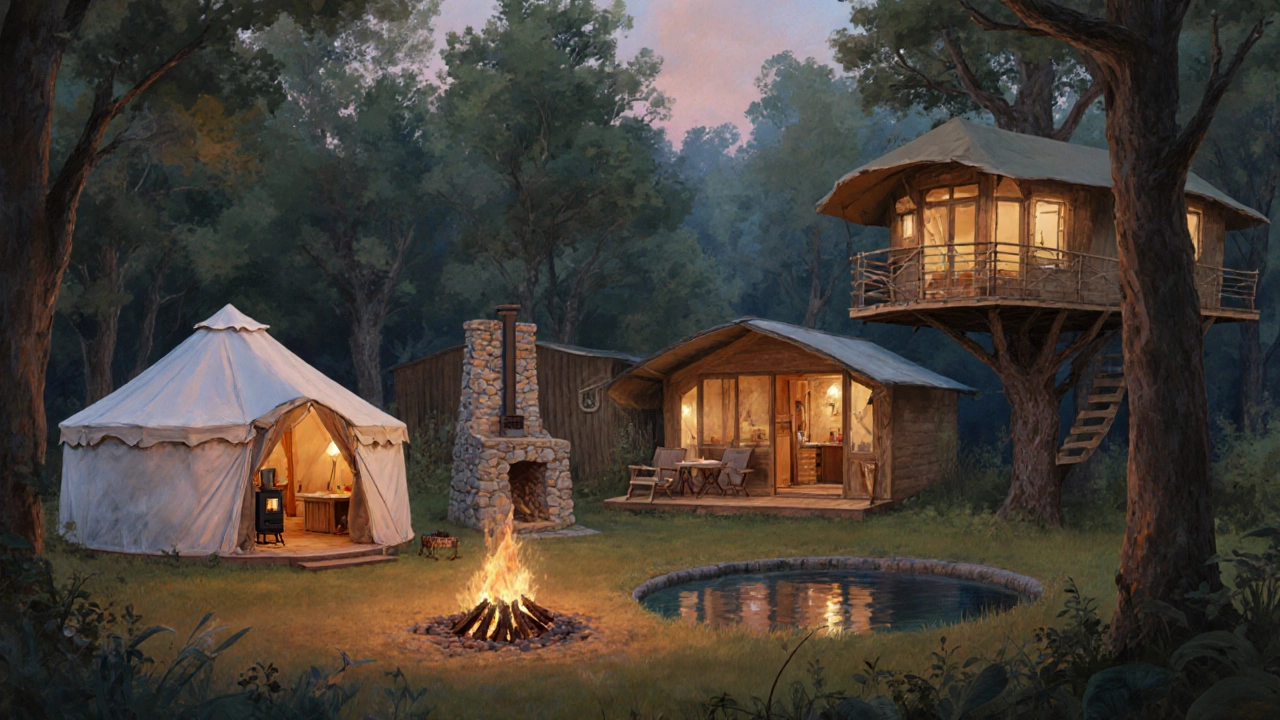 Four glamping accommodations arranged around a forest fire pit.