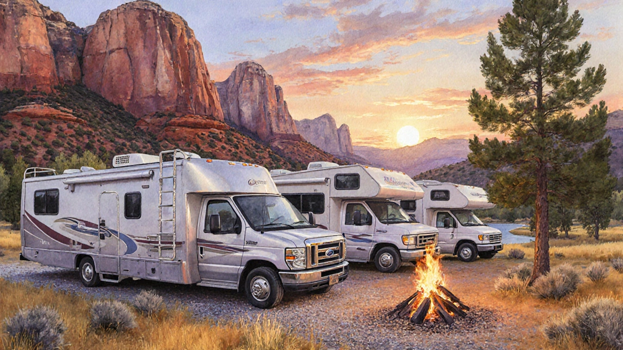 Four RVs of various classes parked at a campsite representing different U.S. regions.