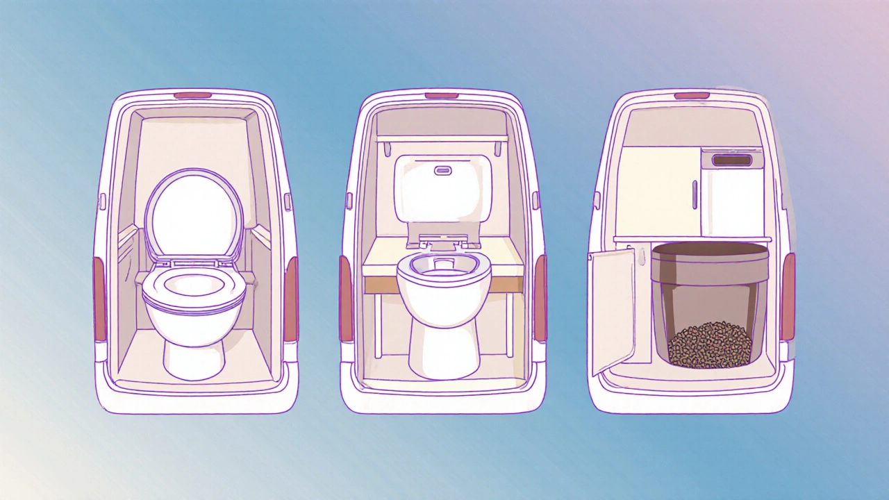 Illustration comparing cassette, portable, and composting toilets inside a van.
