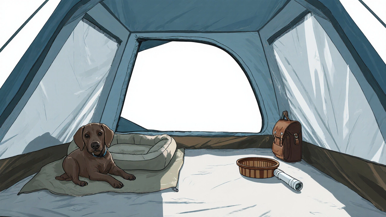 Inside a tent, a dog rests on a foam pad beside a water bowl.