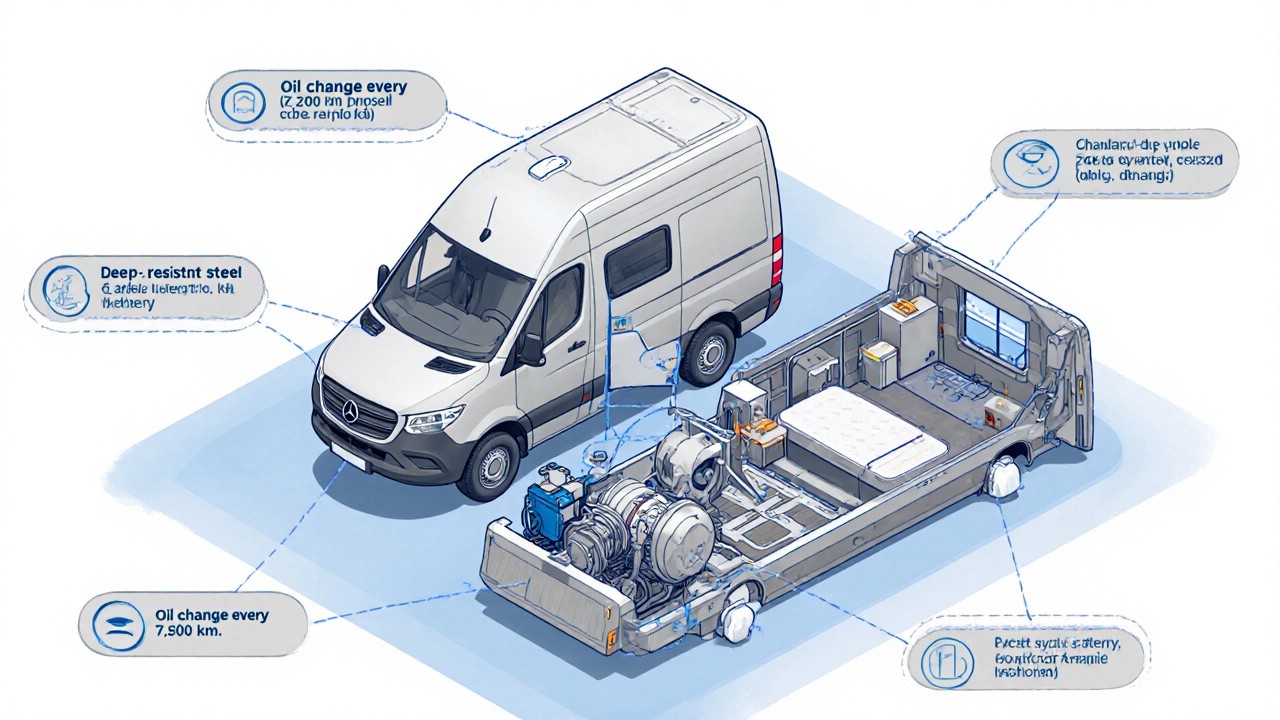 Isometric diagram of a Sprinter campervan showing engine, chassis, and interior with maintenance notes.