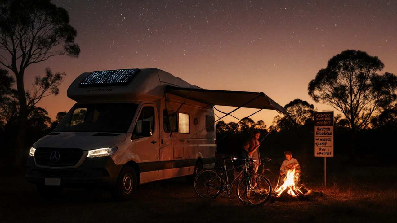 Luxury camper van at remote bush campsite at sunset with solar panels and family preparing camp.