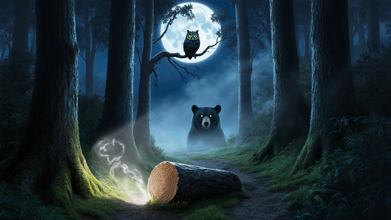 Moonlit forest path reveals hidden log and wildlife silhouettes.