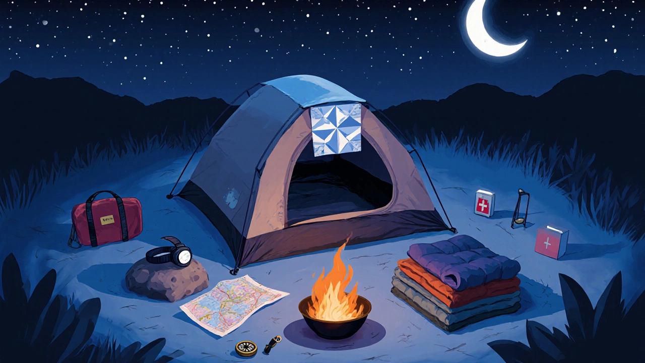 Night campsite with gear, headlamp, map, compass, and fire pit.