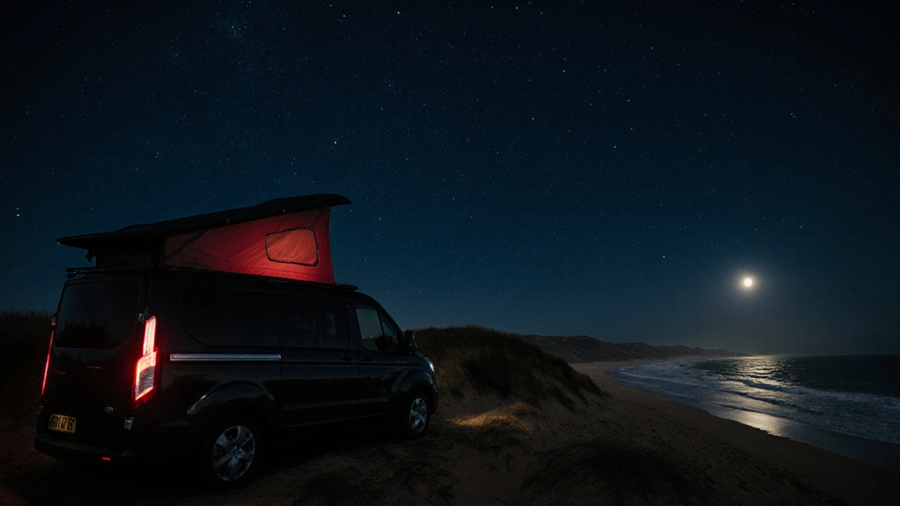 Nighttime coastal dune with a low‑profile van and subtle red light.