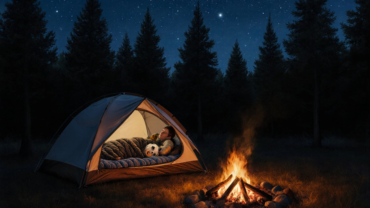 Nighttime tent scene with a sleeping dog, camper, and a low campfire under stars.