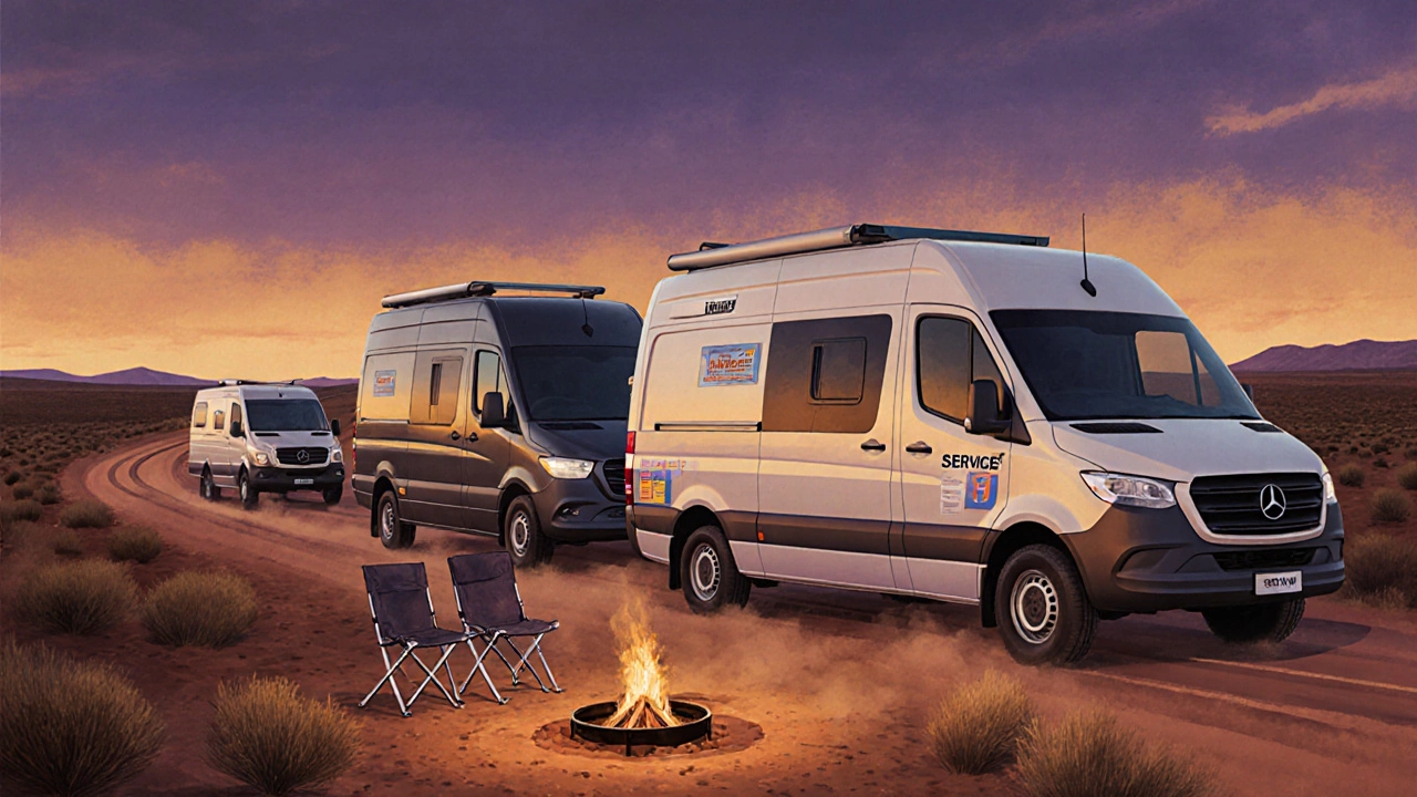 Painterly scene of three campervans driving together at dusk in the outback with a campsite nearby.