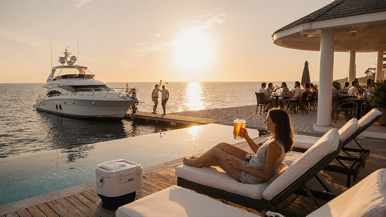 Private resort pool deck and dock with people drinking beers, showing legal beach alcohol options.