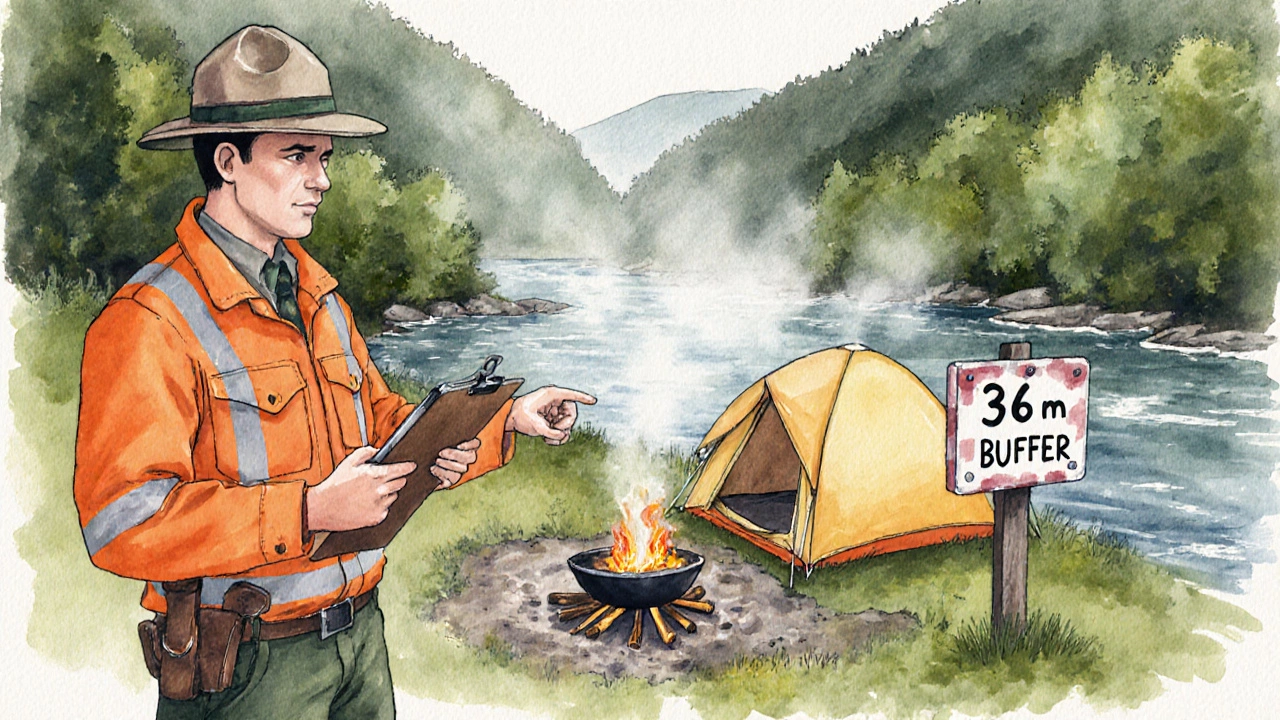 Ranger pointing out a tent too close to a river, with a 36 m warning sign.