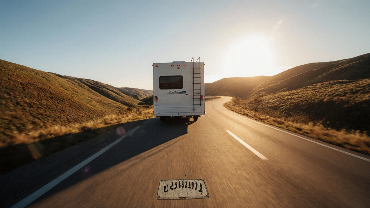 RV cruising on sunset highway, balanced stance implying proper weight distribution.