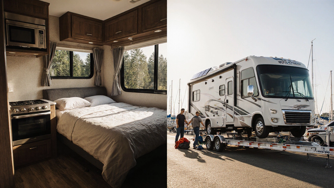 Side-by-side view of a long‑owned Class A motorhome interior and a rental RV being prepared for a trip.