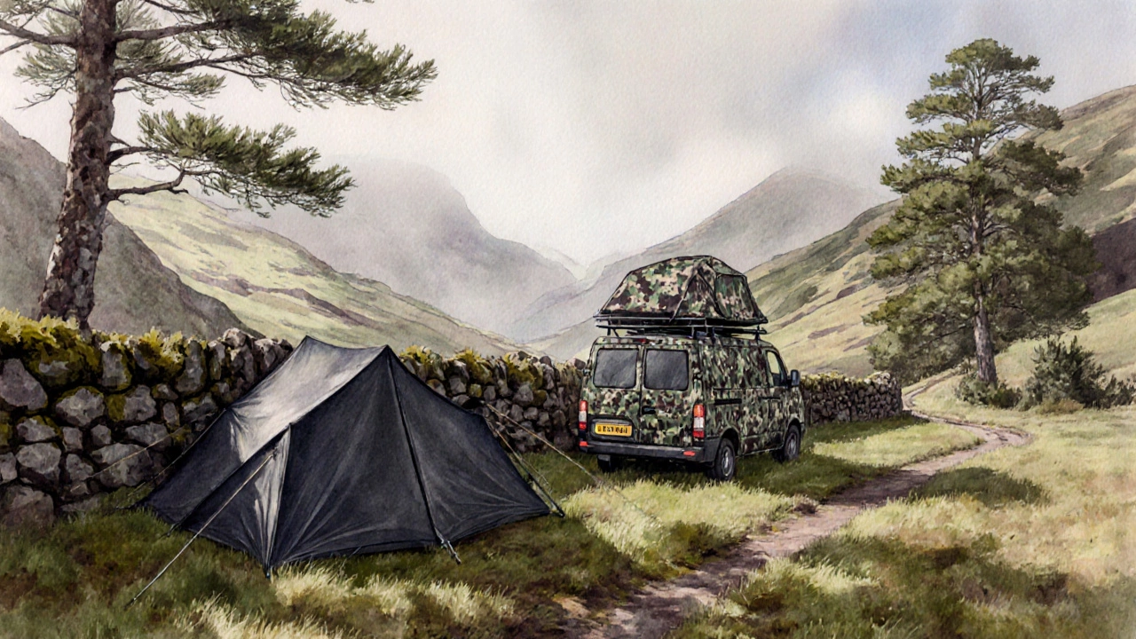 Single tent and camouflaged van in a foggy Scottish Highland glen.