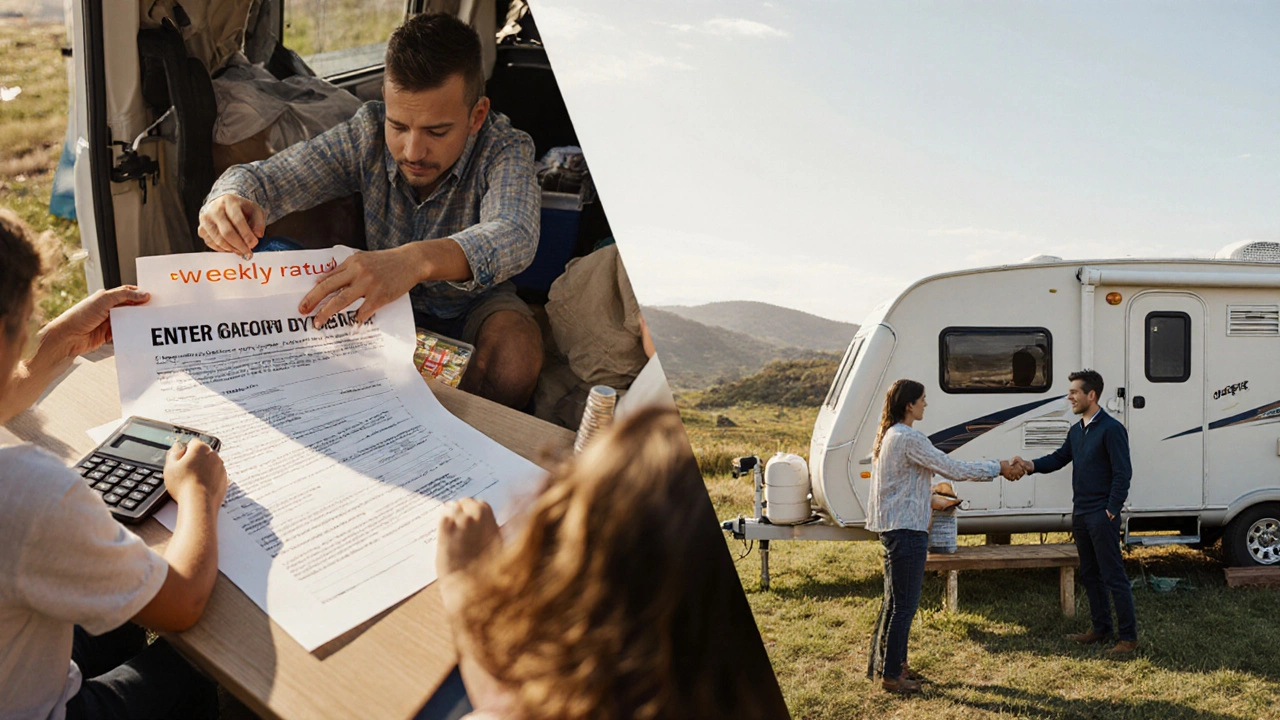 Split scene of a family renting a campervan versus buying a travel trailer.