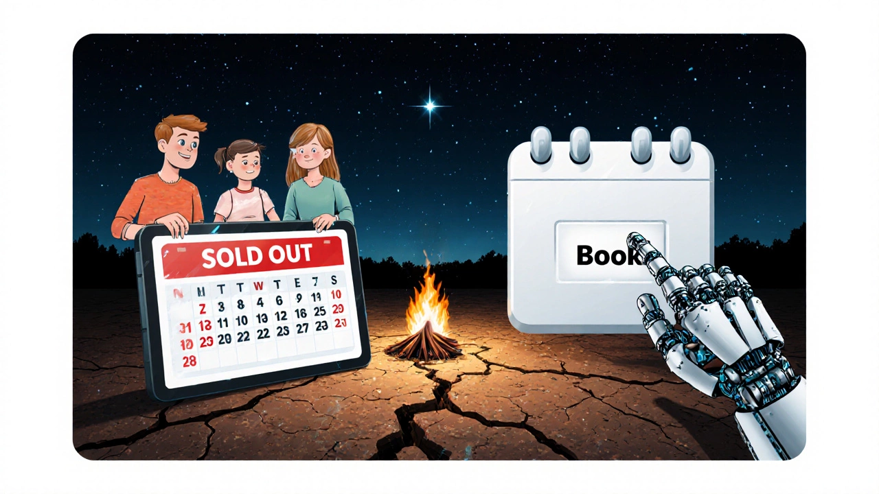 Split-screen: frustrated family vs robotic hand booking a campsite, earth cracking between them.