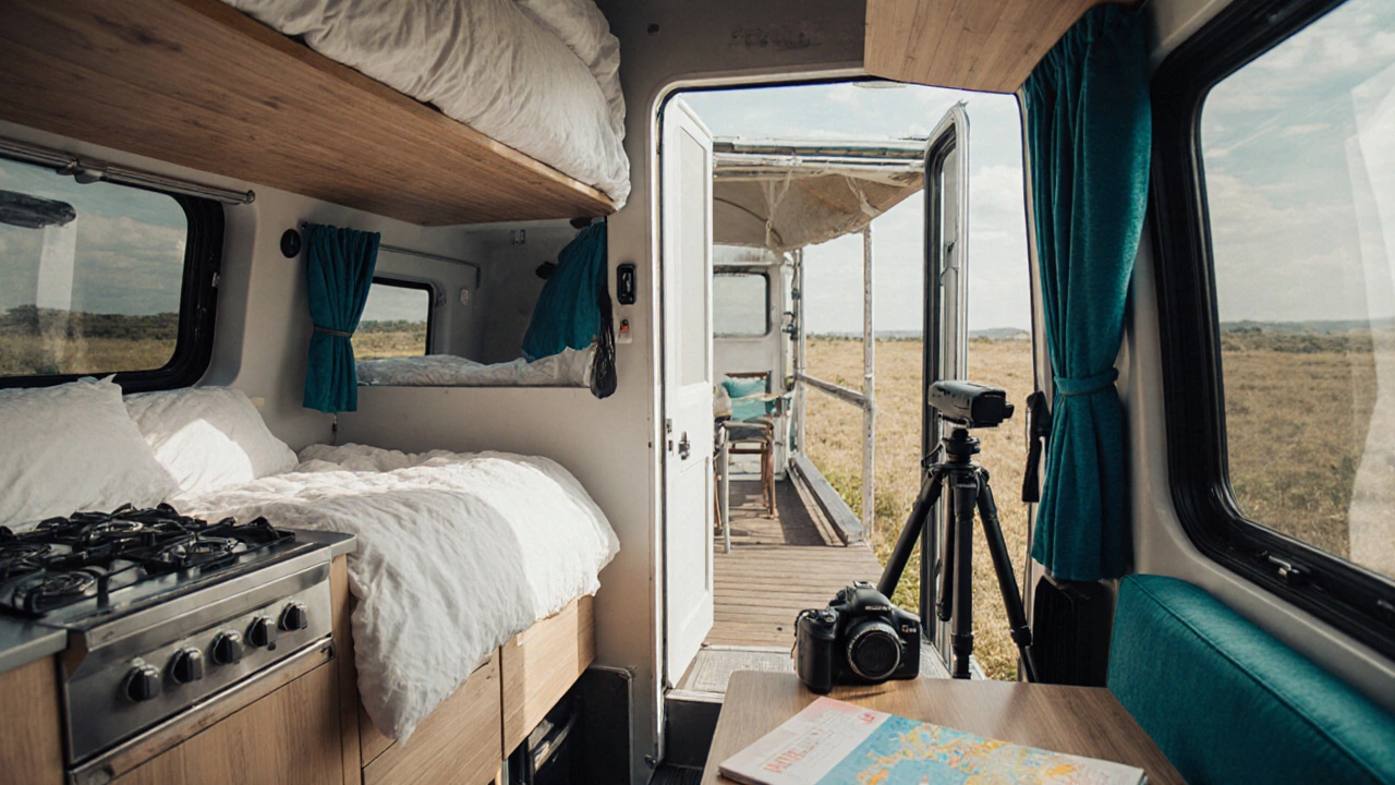 Staged campervan interior with bedroom, kitchen, and rooftop deck.