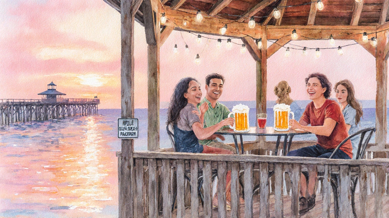 Sunset pavilion at Charleston beach where friends safely enjoy beers in a designated area.