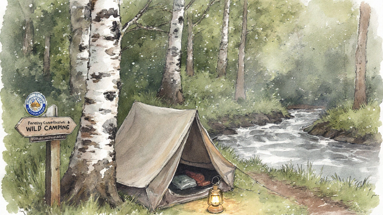 Tent in a forest clearing with lantern light, indicating a permitted campsite.