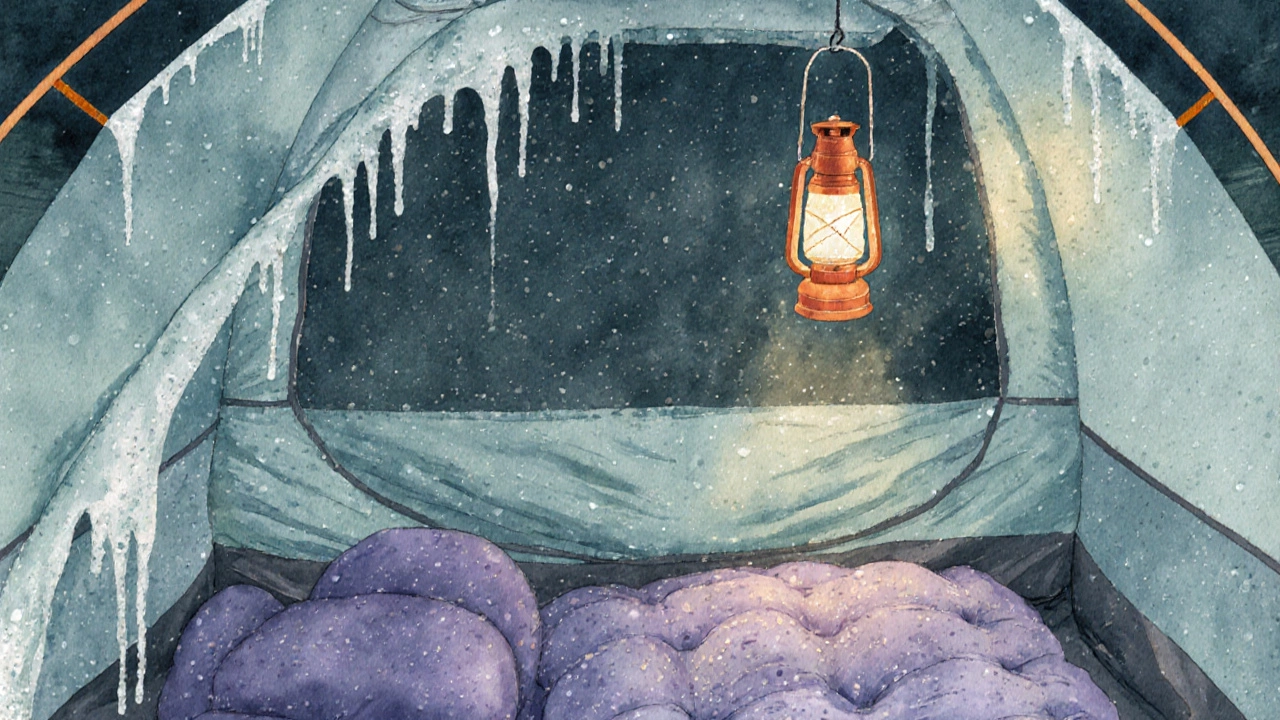 Tent interior with condensation droplets on walls and gear.