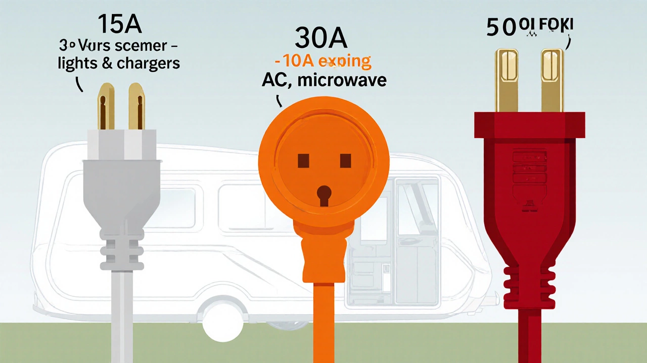 Three RV plug types shown side by side: 15‑amp, 30‑amp, and 50‑amp connectors.