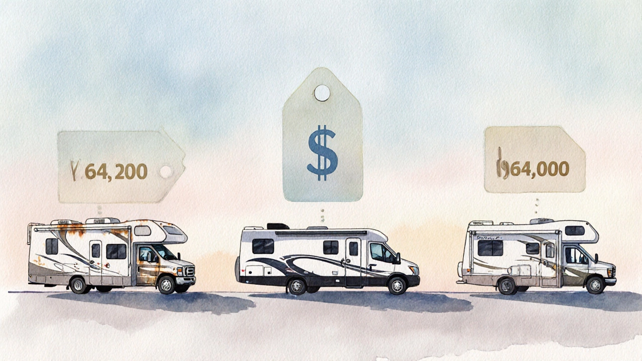 Three RVs showing fading price tags to illustrate depreciation.