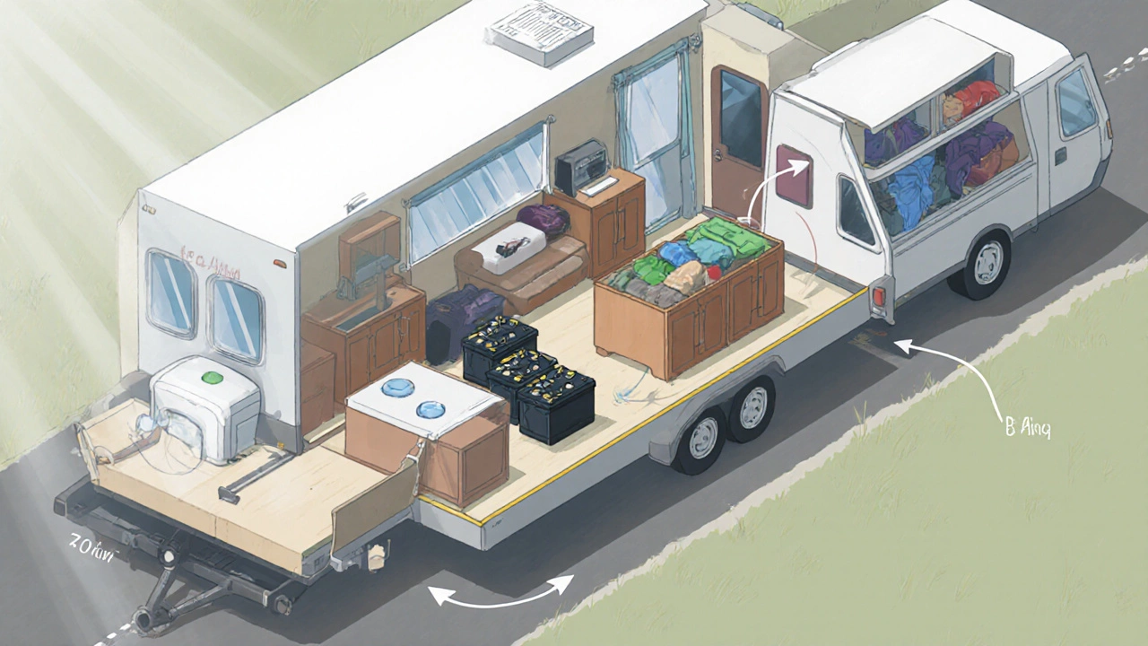 Top‑down view of RV interior showing water tanks, batteries, and gear placement.