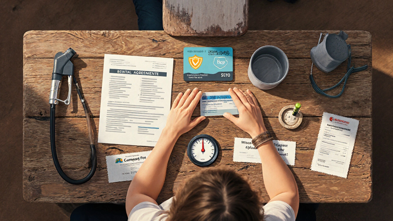 Traveler reviewing rental paperwork beside fuel pump, insurance card, and mileage meter at a camp table.