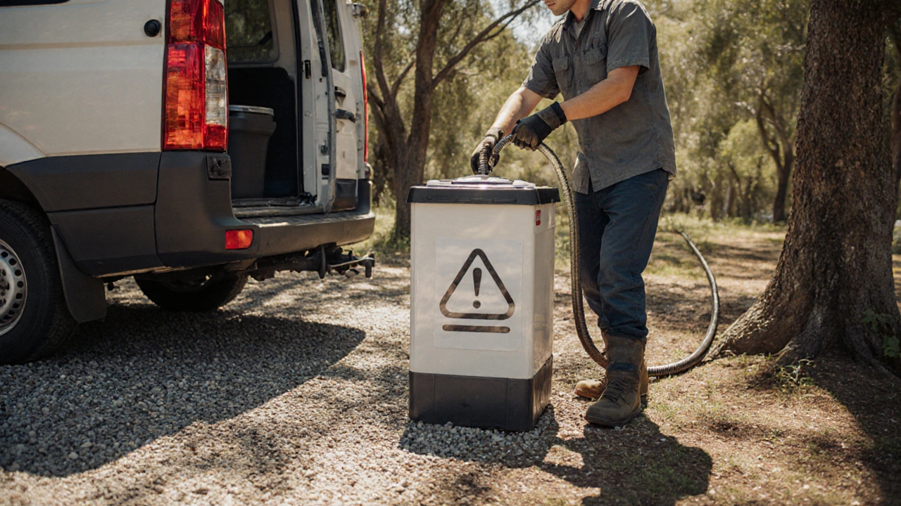 Van owner emptying a cassette toilet at a campground dump station.