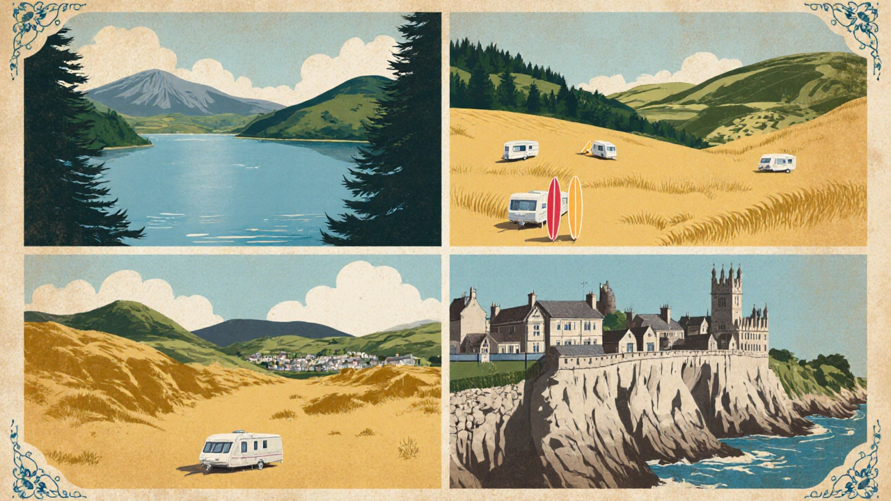 Vintage style collage of four UK caravan park locations: Lake District, Cornwall, Yorkshire Dales, South East.