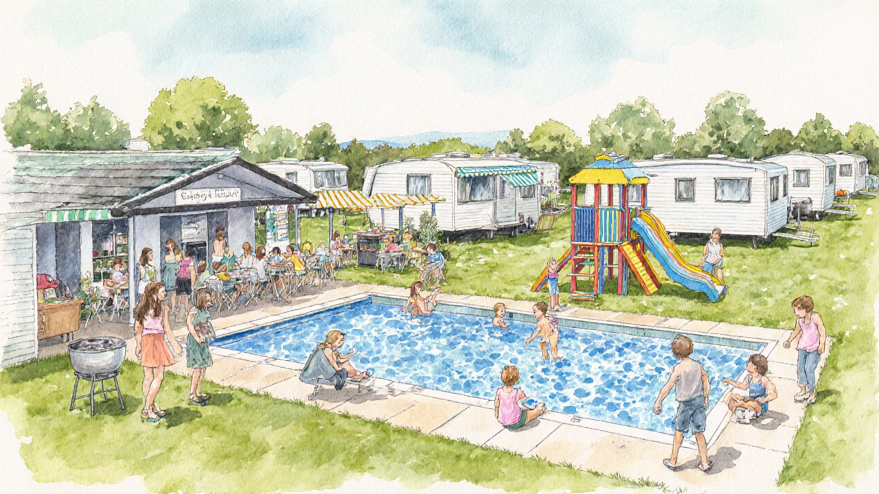 Watercolor scene of a seaside caravan park with pool, playground, shop, and BBQ area.