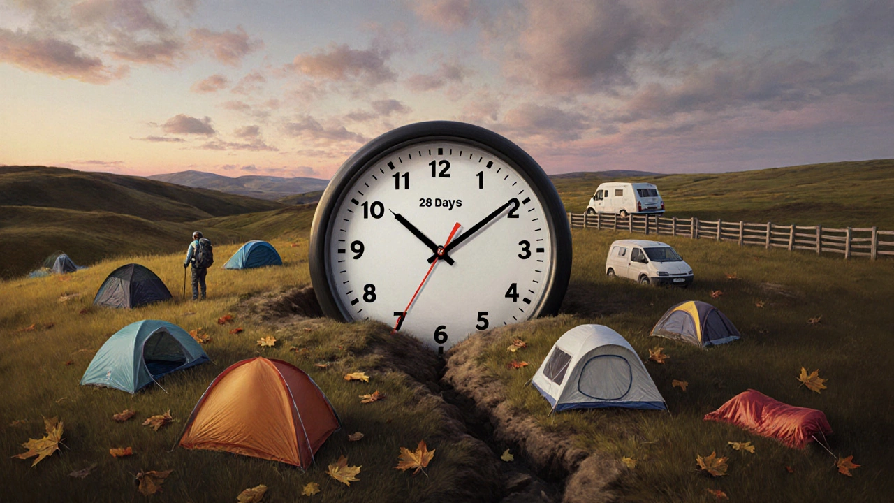 A clock embedded in the ground marked 28 days, surrounded by camping gear, with wild land and private property in the background.