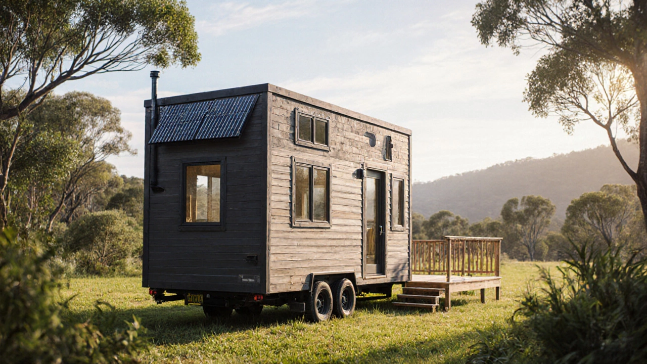 A custom tiny home on wheels in a rural Australian setting with solar panels and deck.