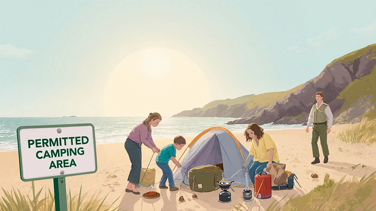 A family packing up at a permitted National Trust beach campsite at sunrise with a sign visible.