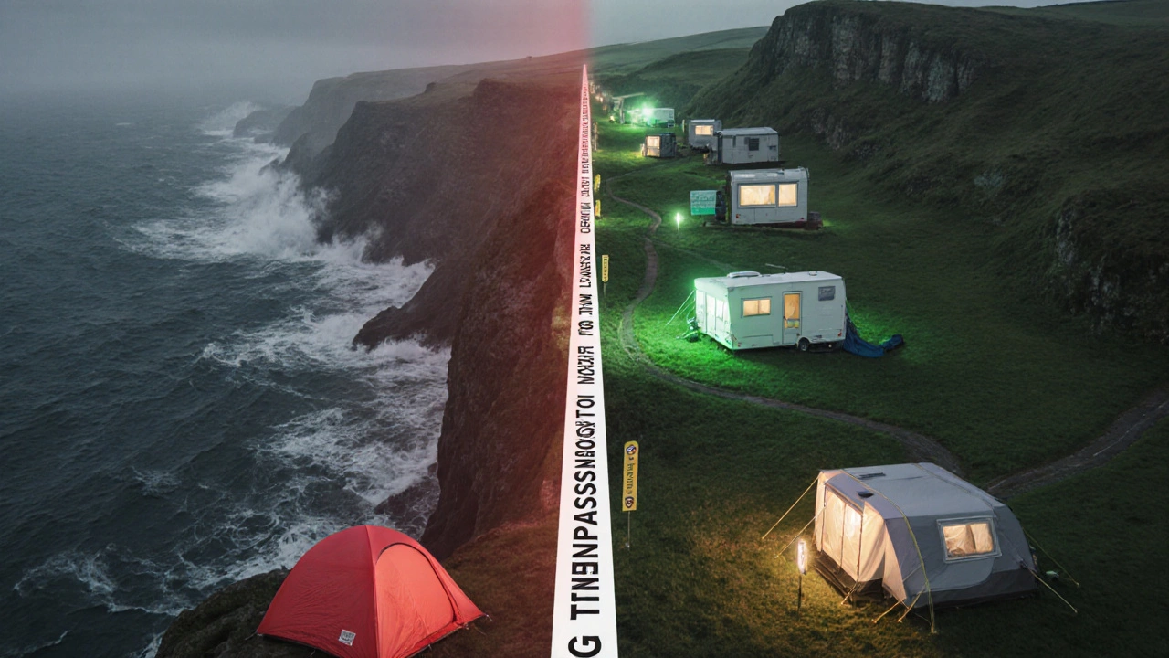 A legal boundary dividing illegal camping on a stormy coast from lawful coastal accommodations.