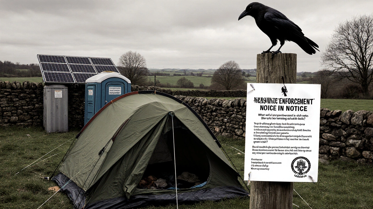 An official enforcement notice beside a long-term tent setup with solar panels and a portable toilet.