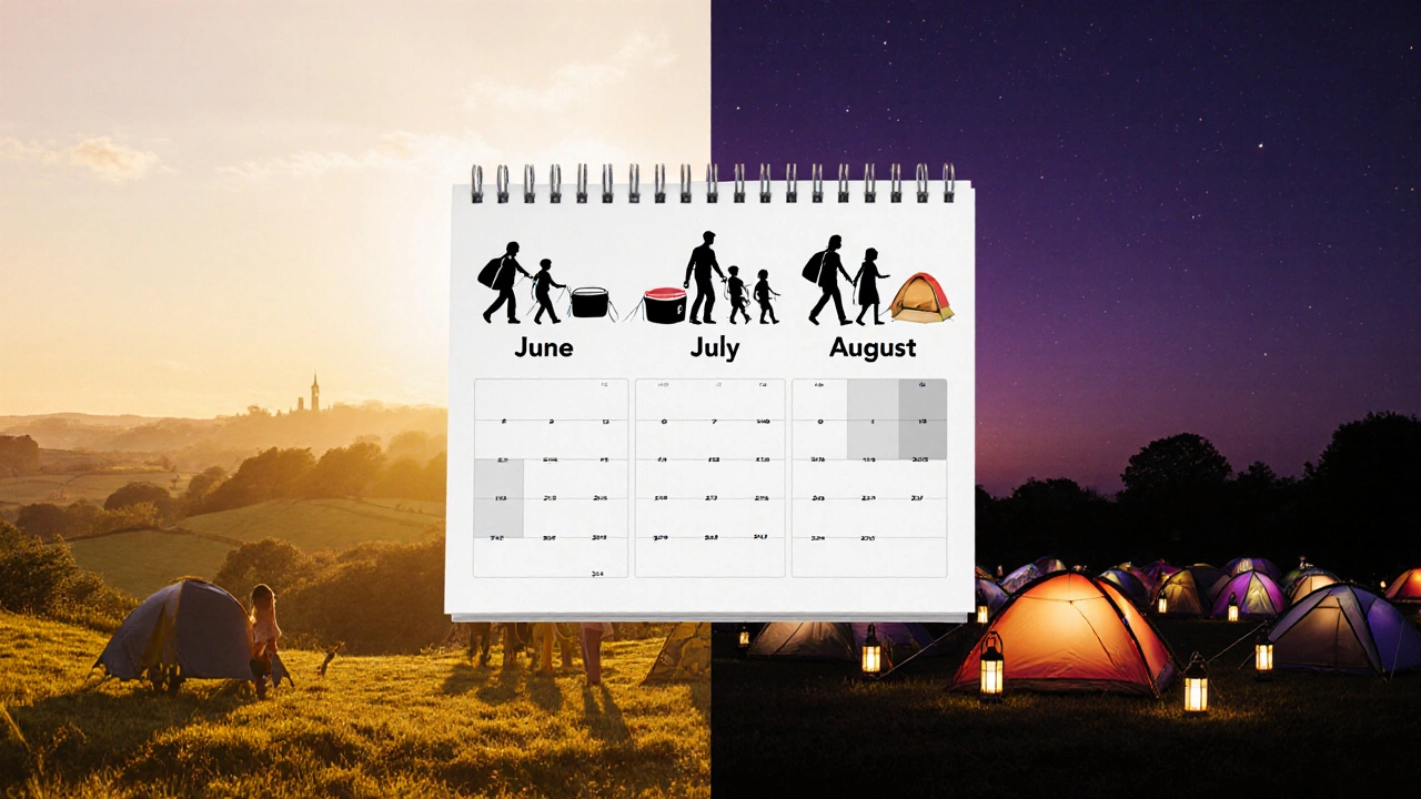 Calendar with June to August highlighted, showing family silhouettes and campsite scenes.