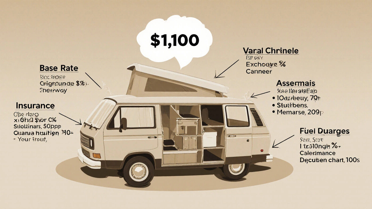 Campervan diagram showing hidden rental fees as labeled compartments with final cost total.