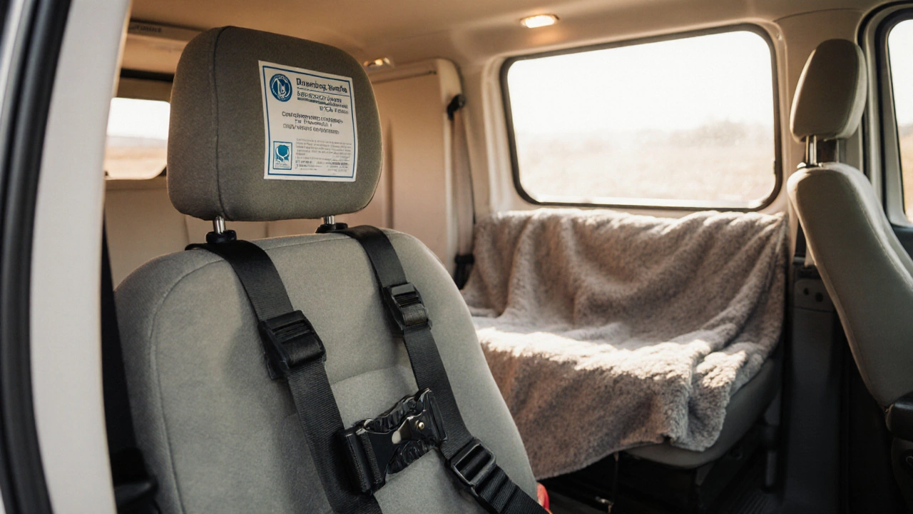 Certified motorhome seat with child harness and safety label, next to an unused, unsecured bench.